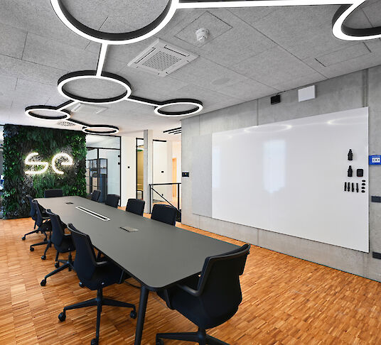 Meeting room with cluster-shaped Liquid Line ceiling luminaires, long conference table and green wall element.