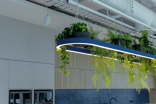 Blue Liquid Line pendant light with integrated plants, modern kitchen with wooden fronts and blue tiled wall