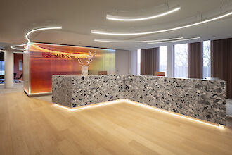 Modern reception area with coloured glass wall and curved Liquid Line light lines on the ceiling
