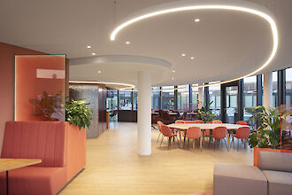 Open office area with round tables, plants, and curved Liquid Line light lines on the ceiling